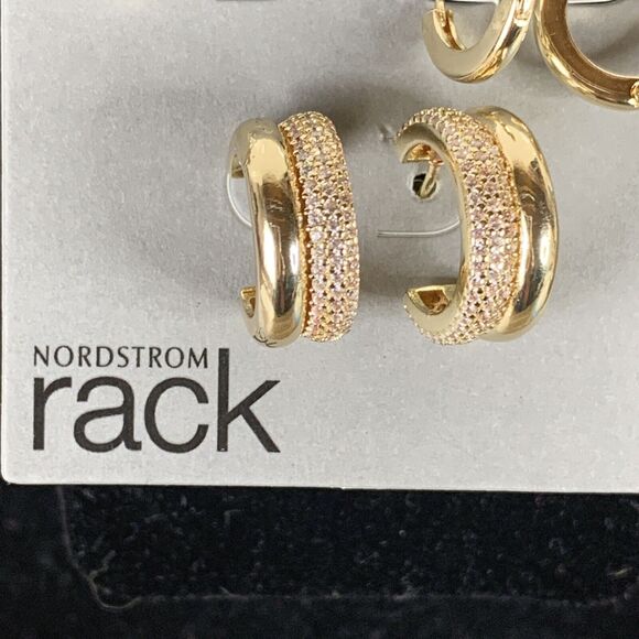 Nordstrom Cubic Zirconia Nickel Free 2 Pairs Huggie Hoop Stud Earrings Gold - Picture 3 of 6